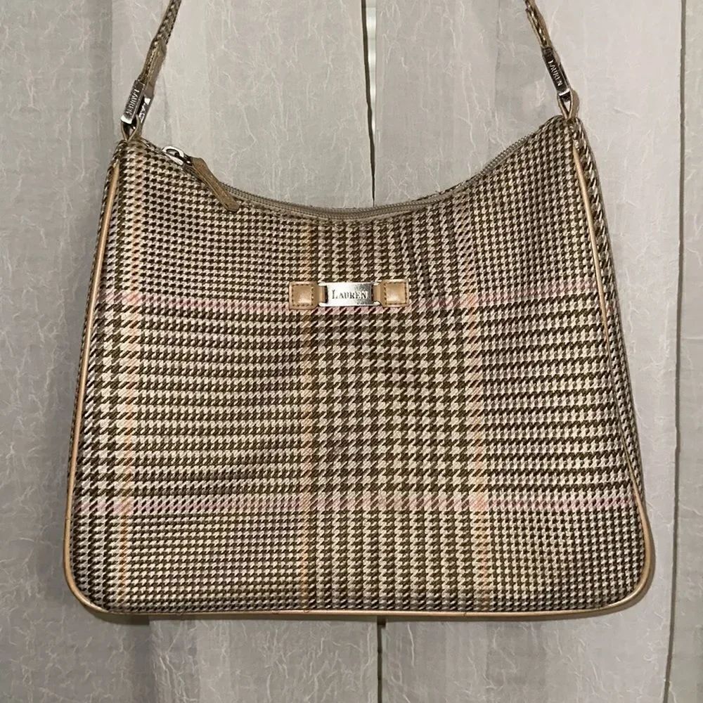 LRL Ivory Tan White Pink Gold Houndstooth Leather Silver Tone Hardware Hobo Bag - Picture 1 of 16